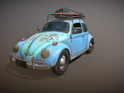 Vintage Blue Volkswagen Beetle With Roof Rack And Decorative Emblems 3d model