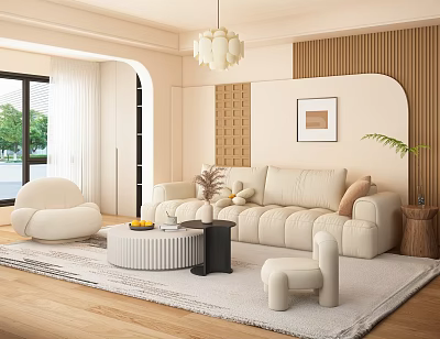 Modern Cozy Beige Sofa and Round Coffee Table Set with White Armchair and Green Plant 3d model