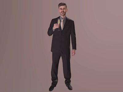 Man Standing in Black Suit Holding Champagne Glass Against Light Brown Background 3d model