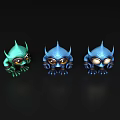 Three Colorful Cartoon Monsters With Big Eyes And Horns On Dark Reflective Surface