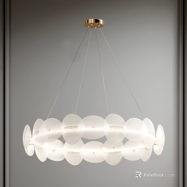 Modern Chandelier with Circular White Glass Shades Hanging from Golden Ceiling Mount 3d model 