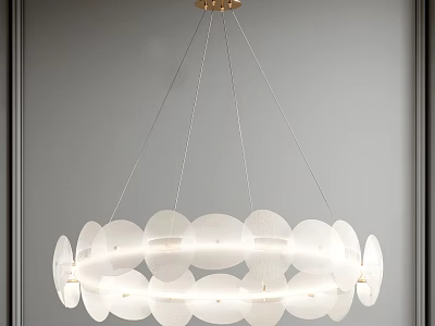 Modern Chandelier with Circular White Glass Shades Hanging from Golden Ceiling Mount 3d model