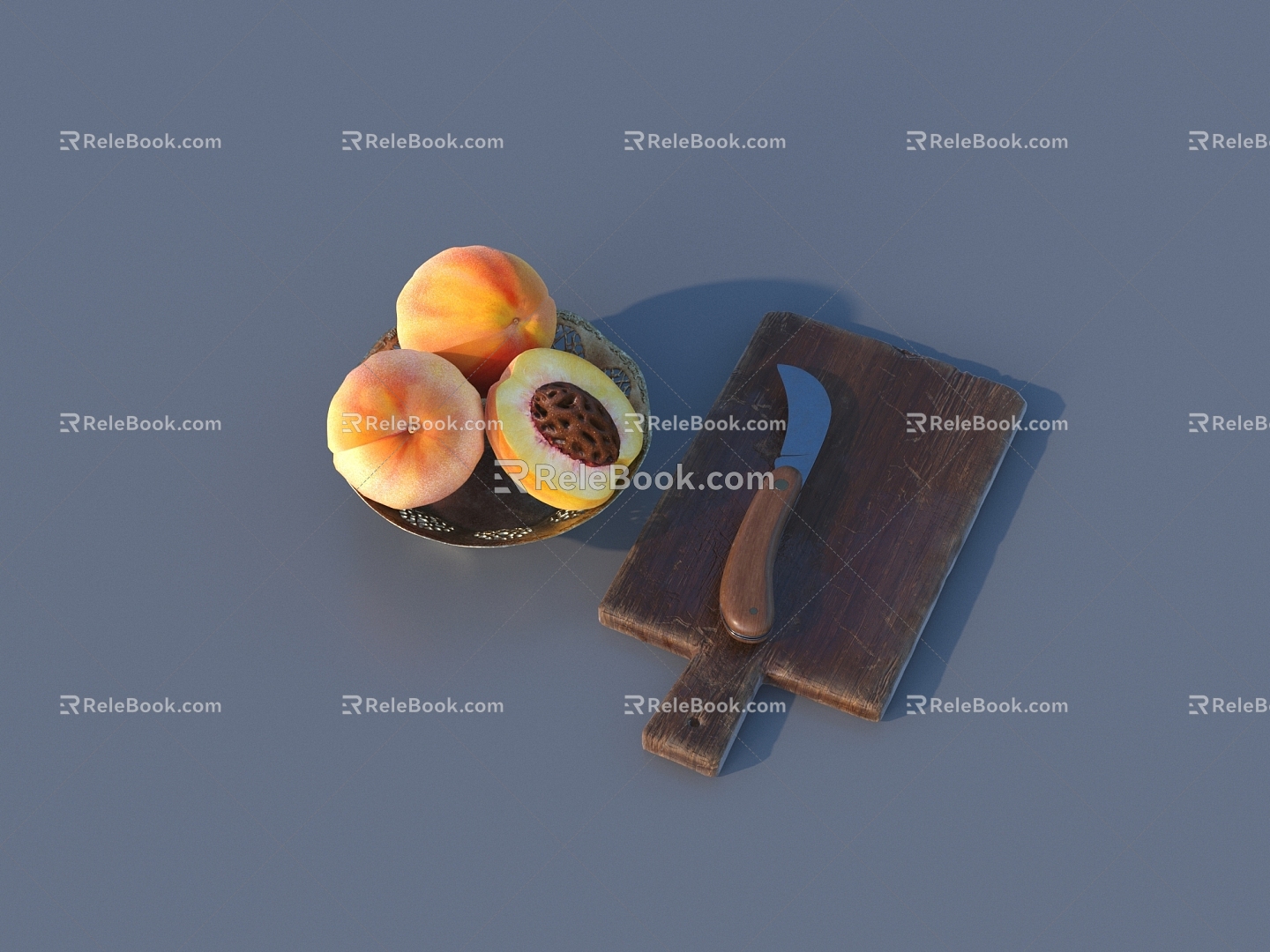 Peach fruit knife cutting board 3D model 3d model