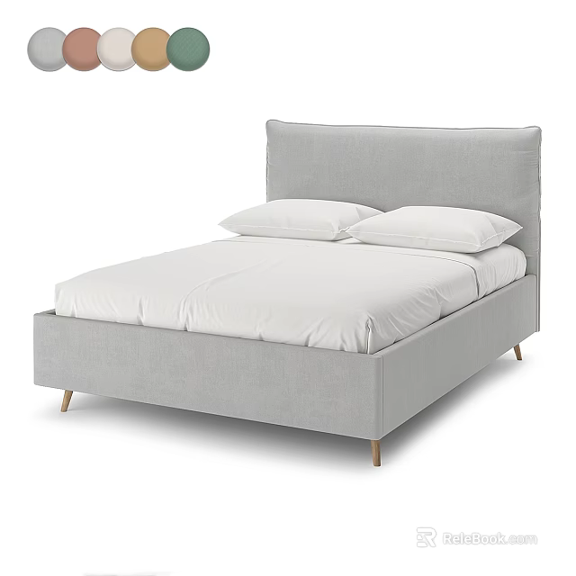 Modern Upholstered Double Bed With Grey Headboard White Pillows And Wooden Legs 3d model 
