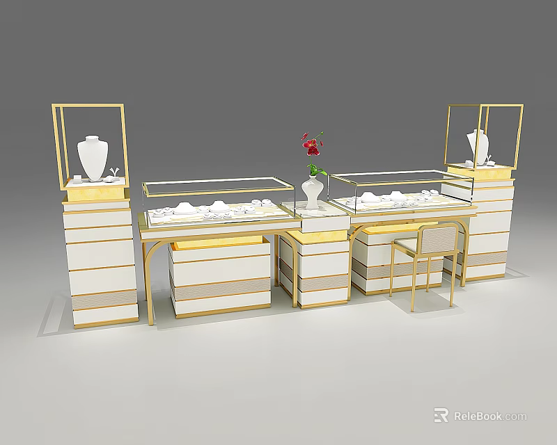 Elegant Jewelry Store With Gold White Display Cases Glass Counters Red Flower Vase And Chair 3d model 