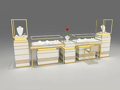 Elegant Jewelry Store With Gold White Display Cases Glass Counters Red Flower Vase And Chair 3d model