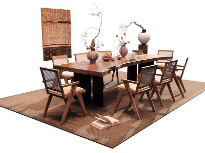 Long Natural Style Dining Table Set With Wooden Chairs Vases And Decorative Rug 3d model