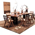 Long Natural Style Dining Table Set With Wooden Chairs Vases And Decorative Rug