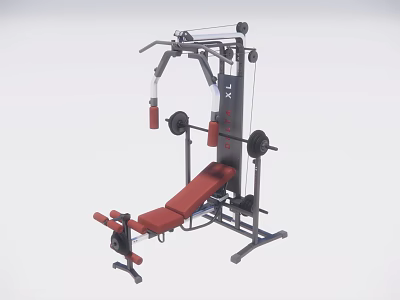 Multifunctional Home Fitness Equipment With Red Seat And Barbell For Training 3d model
