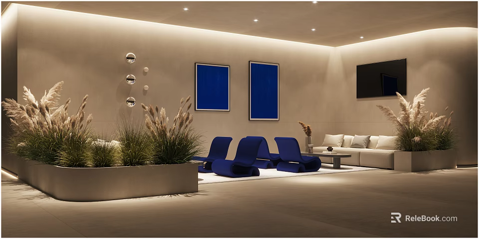 Modern Hotel Public Lounge Area With White Sofas Blue Chairs Wall Art And Green Plants 3d model 