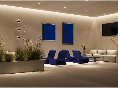 Modern Hotel Public Lounge Area With White Sofas Blue Chairs Wall Art And Green Plants 3d model