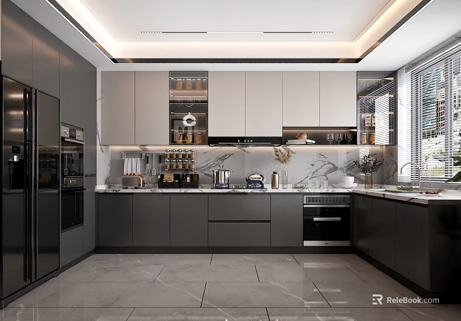 Modern Kitchen Interior With Gray Black Cabinets Marble Countertop And Stainless Steel Appliances 3d model 
