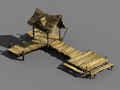 Wooden Road Structure With Thatched Roof And Elevated Boardwalk Platform 3d model