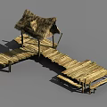 Wooden Road Structure With Thatched Roof And Elevated Boardwalk Platform
