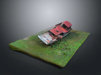 Weathered Abandoned Boat Model With Red Roof On Green Grass Miniature Scene 3d model