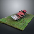Weathered Abandoned Boat Model With Red Roof On Green Grass Miniature Scene