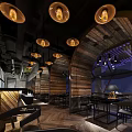 Modern Bar Interior With Vintage Pendant Lights Round Wooden Tables And Wine Racks