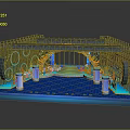 Ornate Stage With Metal Frame Blue Floor Decorative Arch Orange Pink Decor And Glowing Platform