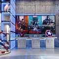 Modern Marvel Cinematic Universe Showroom With Avengers Figures And Display Shelves Blue Lighting