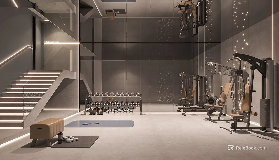 Modern Entertainment Room Interior Design With Staircase Dumbbell Rack Yoga Mat And Fitness Equipment 3d model 