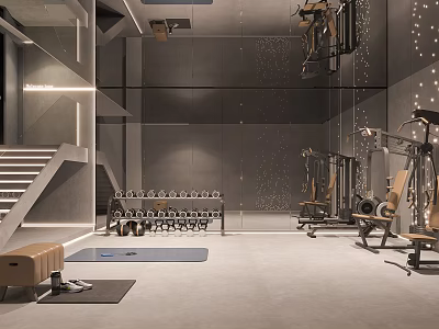Modern Entertainment Room Interior Design With Staircase Dumbbell Rack Yoga Mat And Fitness Equipment 3d model