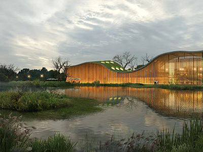 Modern Commercial Complex With Curved Wooden Exterior By Waterfront And Reflection 3d model
