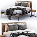 Modern Double Bed With Leather Headboard Grey Blanket Pillows And Nightstand 3d model
