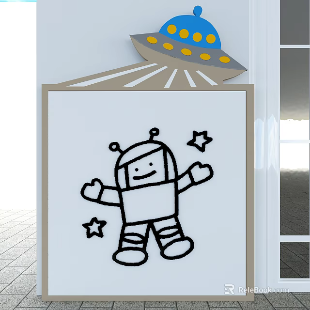 Kindergarten Classroom Whiteboard With Colorful Cartoon Robot Drawing And Star Decorations 3d model 
