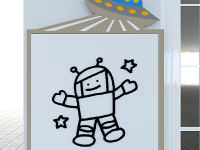 Kindergarten Classroom Whiteboard With Colorful Cartoon Robot Drawing And Star Decorations 3d model