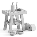 Wooden Stool With Wash Bottle Brush Towels Toilet Paper Rolls And Slippers For Daily Washing