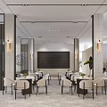 Modern Elegant Lounge Area with Tables Chairs Green Plants Mirror Windows and Bookshelves