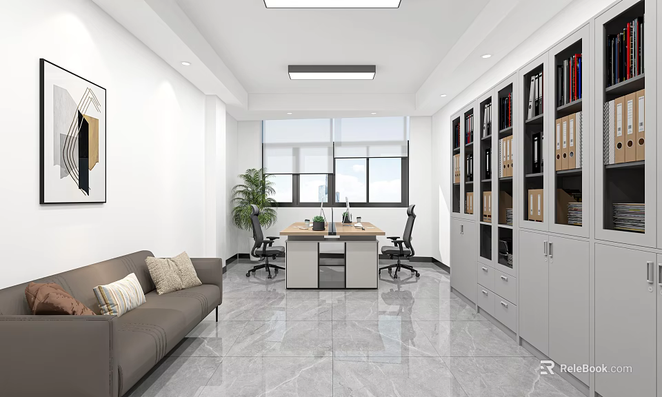 Modern Office Interior Design With Sofa Desk Chairs Filing Cabinets Plant Windows And Wall Art 3d model 