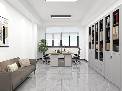 Modern Office Interior Design With Sofa Desk Chairs Filing Cabinets Plant Windows And Wall Art 3d model