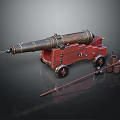 Vintage Brass Cannon on Wooden Carriage with Spoked Wheels and Tools
