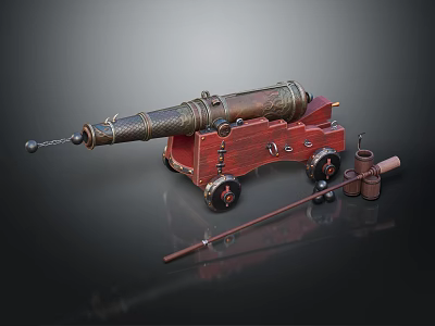 Vintage Brass Cannon on Wooden Carriage with Spoked Wheels and Tools 3d model