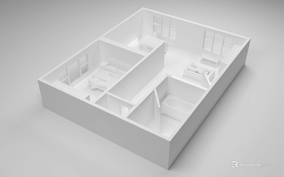 Bird's Eye View 3D Room Layout With White Interior Bedroom Living Room Bathroom Areas 3d model 