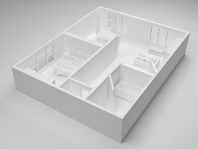 Bird's Eye View 3D Room Layout With White Interior Bedroom Living Room Bathroom Areas 3d model