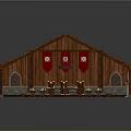 Cartoon Scene Of Wooden Hall Interior With Long Tables Benches And Decorative Elements