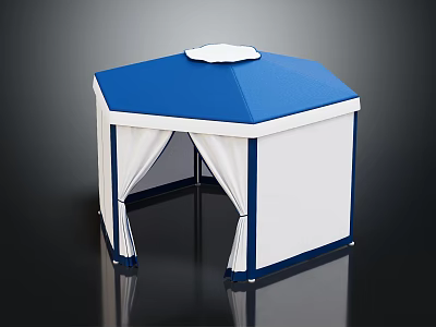 Hexagonal Outdoor Tent With Blue Roof White Finial And White Side Curtains 3d model