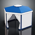 Hexagonal Outdoor Tent With Blue Roof White Finial And White Side Curtains