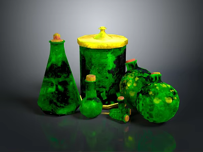 Green Glassware Collection With Various Shapes And Wooden Stoppers For Decor And Storage 3d model