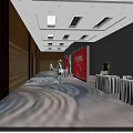 Interactive Area Corridor With Red Backdrop White Tablecloth Tables And Wavy Pattern Carpet 3d model