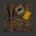 Tactical Weapon Device With Wooden Crate Yellow Generator Cables And Dirt Surface