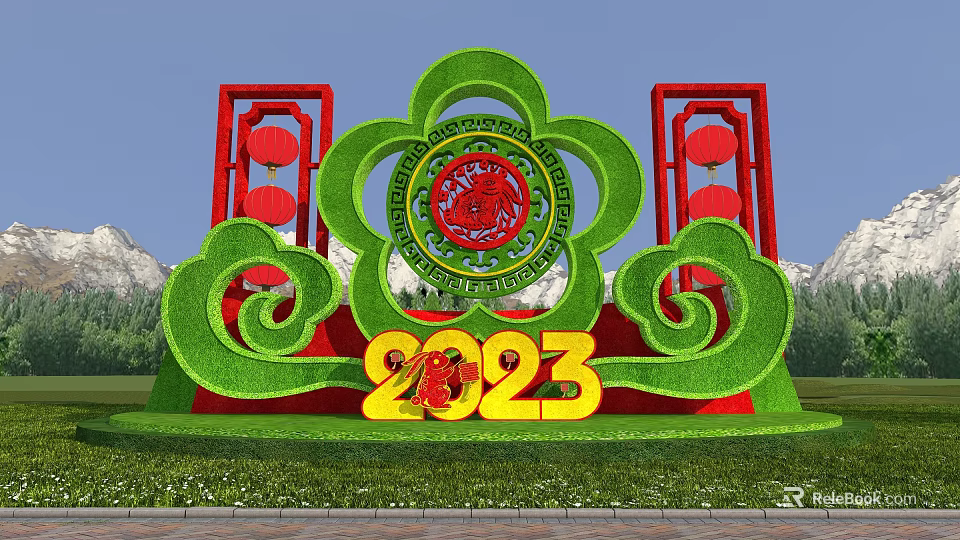 Green Shrub Topiary Design With Red Lanterns Circular Emblem And 2023 Numbers 3d model 