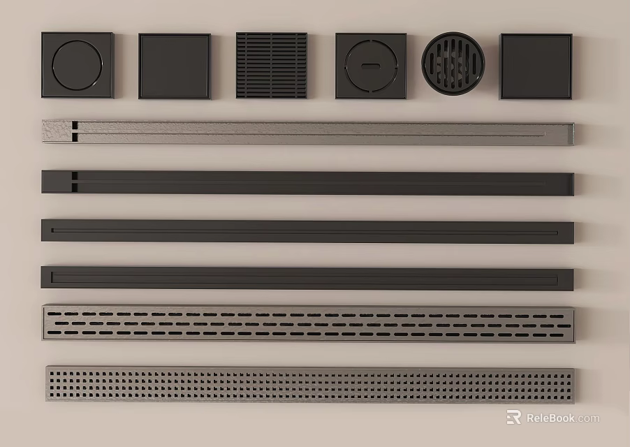 Modern Bathroom Accessories Collection With Floor Drains And Linear Drainage Strips 3d model 