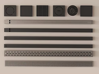 Modern Bathroom Accessories Collection With Floor Drains And Linear Drainage Strips 3d model