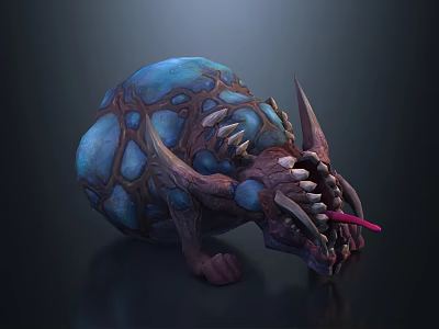 Fierce Fantasy Game Movie Character With Blue Shell Spikes Sharp Teeth And Red Tongue 3d model