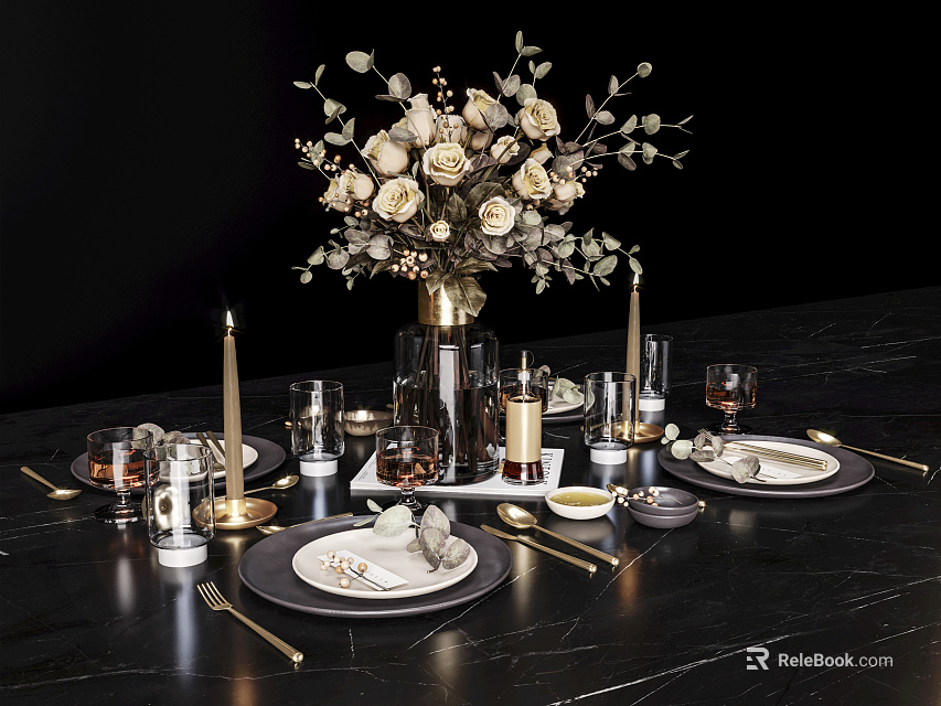Sophisticated Tableware Set on Black Tabletop with Plates Glassware Candles and Flower Vase 3d model 