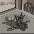 Unique Round Glass Top Coffee Table With Open Book Liquor Bottle And Glowing Blue Sphere