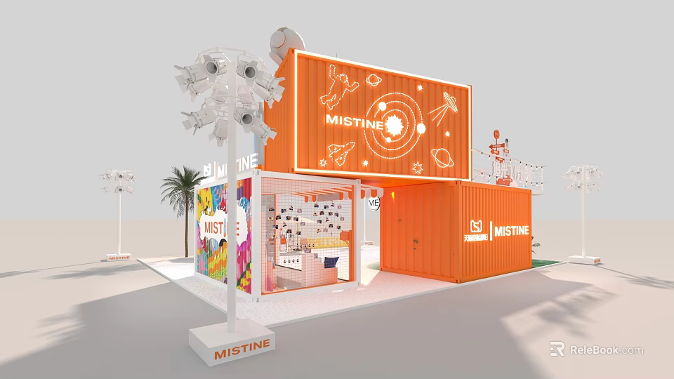 Mistine Orange Container Exhibition Booth With Decorative Design Elements And Brand Signage 3d model